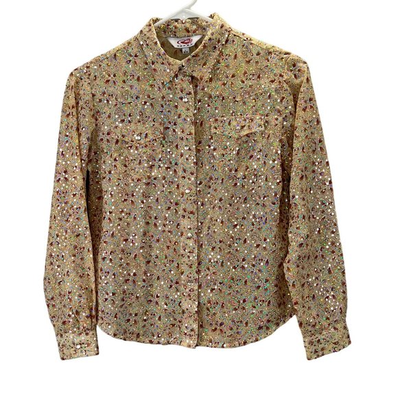 Roper Western Rodeo Shirt Blouse L 10-12 Sequin Covered Bling Pearl Snap Beige